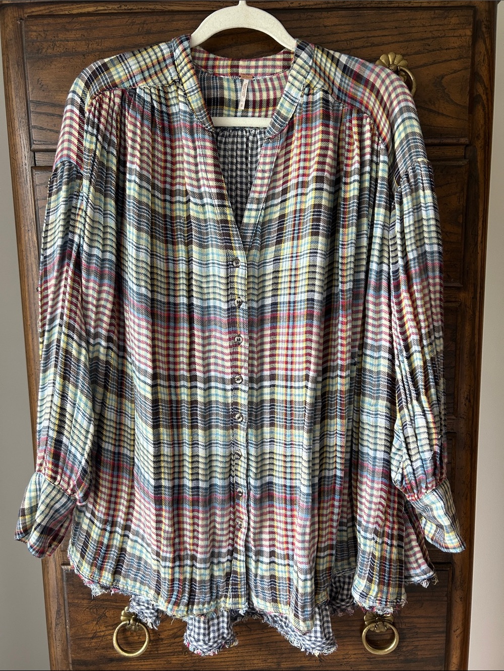 Free People Multicolor Plaid Button-Down Fringed Hem Shirt, Size S